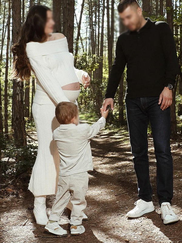 Momnfancy Solid Color Off Shoulder Crochet Knitwear Two Pieces Set Bodycon Elegant Going Out Gowns Photoshoot Maternity Sweater Maxi Dress