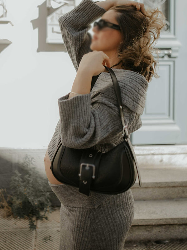 Momnfancy Solid Color Off Shoulder Crochet Knitwear Two Pieces Set Bodycon Elegant Going Out Gowns Photoshoot Maternity Sweater Maxi Dress