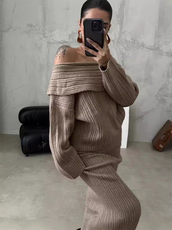 Momnfancy Solid Color Off Shoulder Crochet Knitwear Two Pieces Set Bodycon Elegant Going Out Gowns Photoshoot Maternity Sweater Maxi Dress
