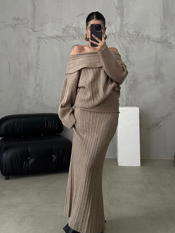 Momnfancy Solid Color Off Shoulder Crochet Knitwear Two Pieces Set Bodycon Elegant Going Out Gowns Photoshoot Maternity Sweater Maxi Dress
