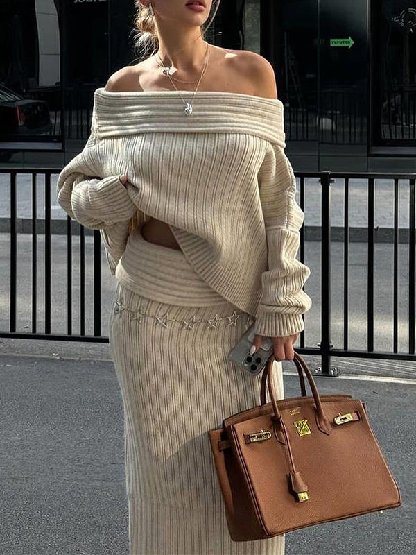 Momnfancy Solid Color Off Shoulder Crochet Knitwear Two Pieces Set Bodycon Elegant Going Out Gowns Photoshoot Maternity Sweater Maxi Dress