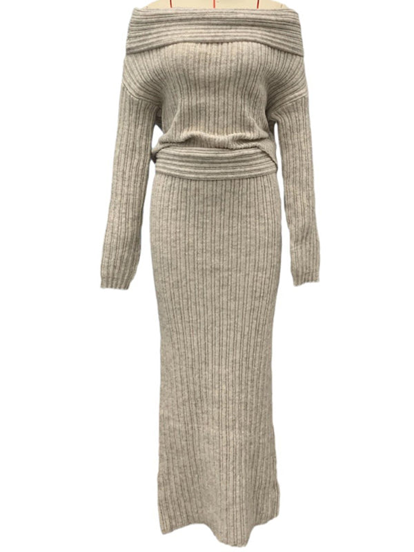 Momnfancy Solid Color Off Shoulder Crochet Knitwear Two Pieces Set Bodycon Elegant Going Out Gowns Photoshoot Maternity Sweater Maxi Dress