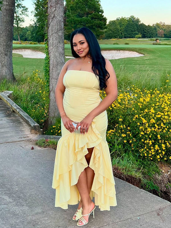 Momnfancy Bandeau Ruched Ruffle Side Slit Strapless Maternity Maxi Dress
