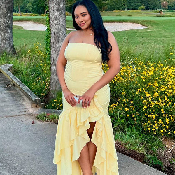 Momnfancy Bandeau Ruched Ruffle Side Slit Strapless Maternity Maxi Dress