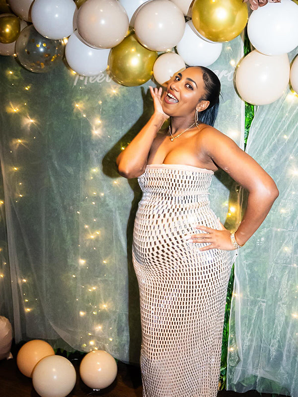 Momnfancy Glitter Diamond Rhinestone Bandeau Back Slit Bodycon Elegant Cocktail Party Maternity Photoshoot Maxi Dress