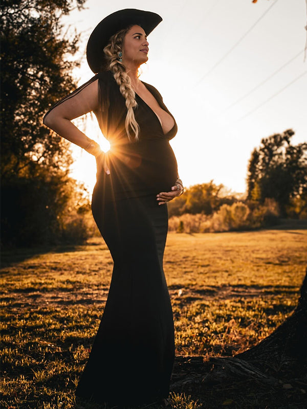 Momnfancy Black Tassel Fringe Cross Chest Mermaid Plus Size Elegant Maternity Maxi Dress