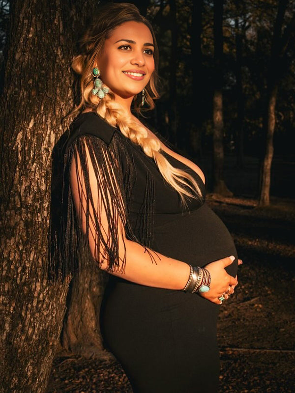 Momnfancy Black Tassel Fringe Cross Chest Mermaid Plus Size Elegant Maternity Maxi Dress
