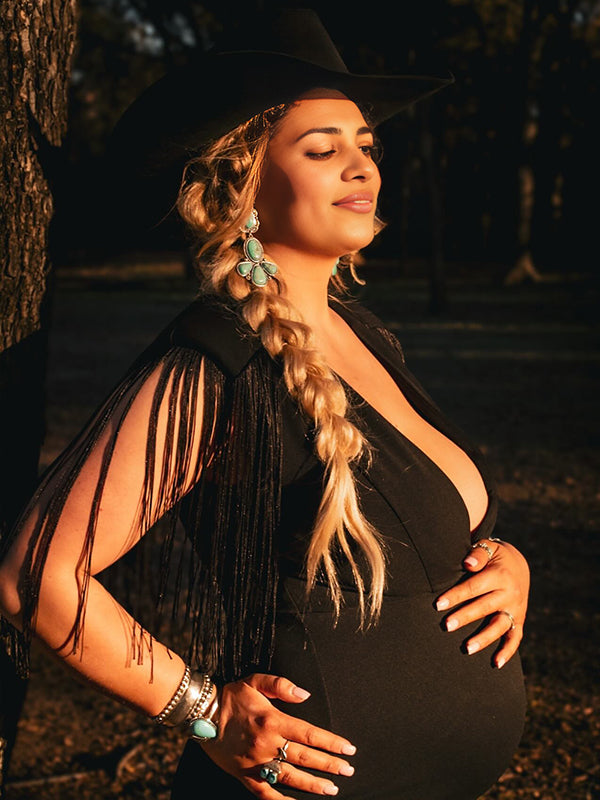 Momnfancy Black Tassel Fringe Cross Chest Mermaid Plus Size Elegant Maternity Maxi Dress