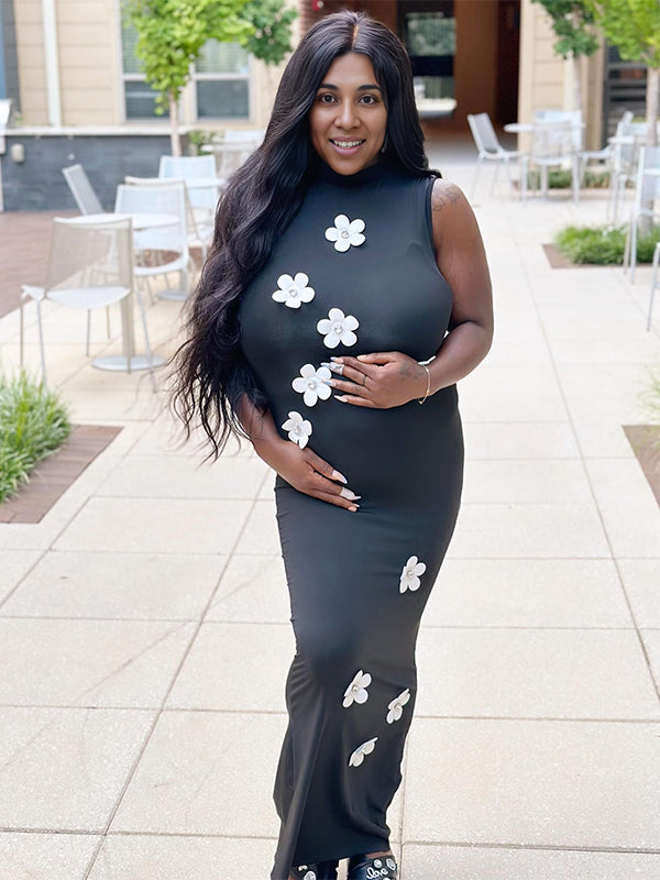 Momnfancy Black 3D Flowers Bodycon Party Maternity Maxi Dress