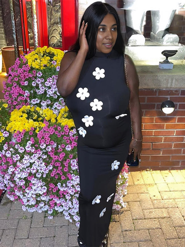 Momnfancy Black 3D Flowers Bodycon Party Maternity Maxi Dress