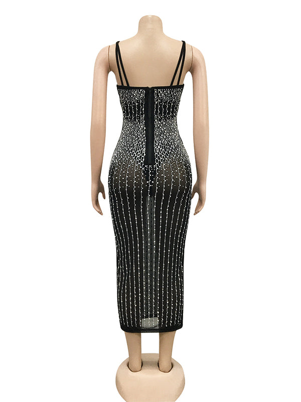 Momnfancy Black Sparkly Diamond Rhinestone Sheer Photoshoot Maternity Midi Dress
