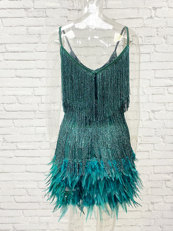 Momnfancy Gliter Sequin Fringe Tassle Feather Cami V-neck Elegant Cocktail Party Plus Size Maternity Baby Shower Mini Dress