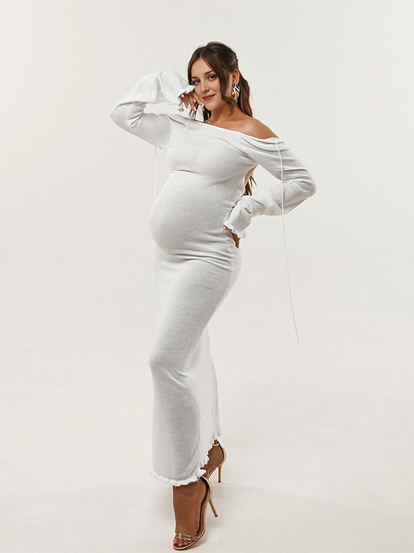 Momnfancy Ruffle Backless Tie Flare Sleeve Mermaid Bodycon Elegant Photoshoot Maternity Maxi Sweater Dress