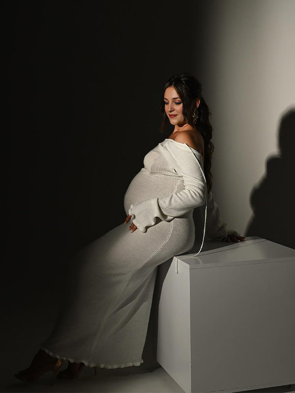 Momnfancy Ruffle Backless Tie Flare Sleeve Mermaid Bodycon Elegant Photoshoot Maternity Maxi Sweater Dress