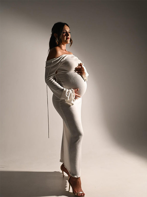 Momnfancy Ruffle Backless Tie Flare Sleeve Mermaid Bodycon Elegant Photoshoot Maternity Maxi Sweater Dress