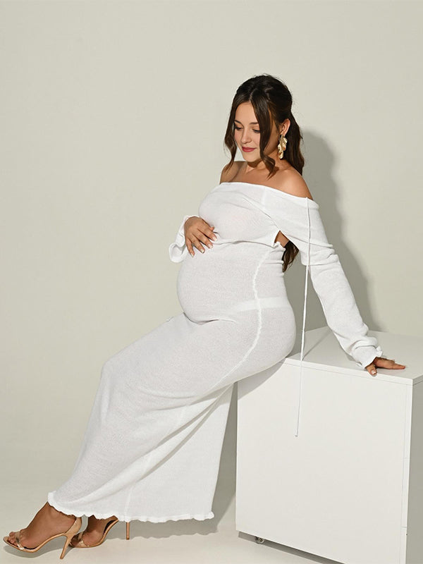 Momnfancy Ruffle Backless Tie Flare Sleeve Mermaid Bodycon Elegant Photoshoot Maternity Maxi Sweater Dress