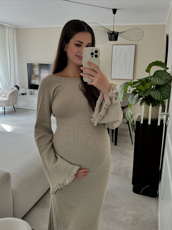 Momnfancy Ruffle Backless Tie Flare Sleeve Mermaid Bodycon Elegant Photoshoot Maternity Maxi Sweater Dress