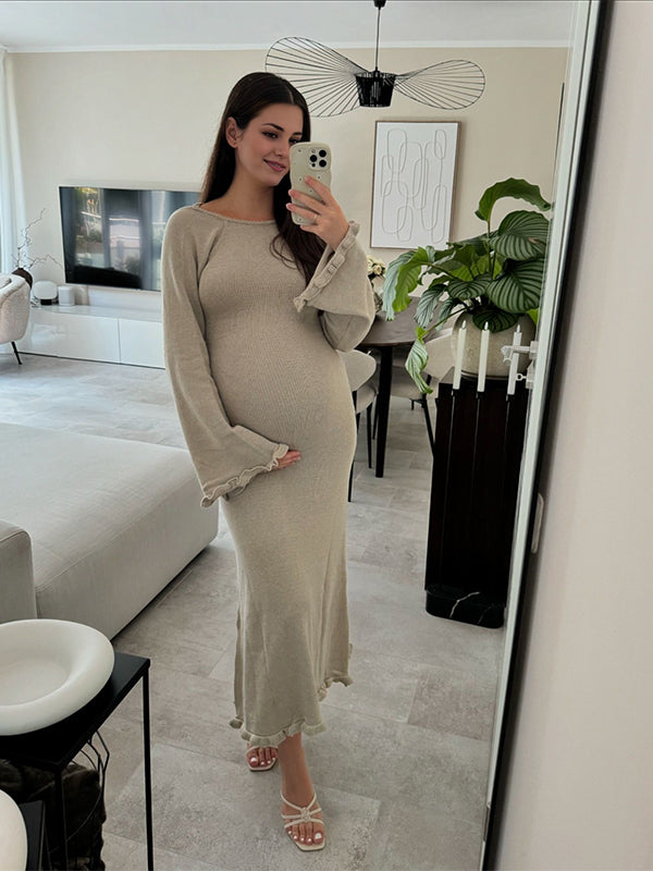 Momnfancy Ruffle Backless Tie Flare Sleeve Mermaid Bodycon Elegant Photoshoot Maternity Maxi Sweater Dress