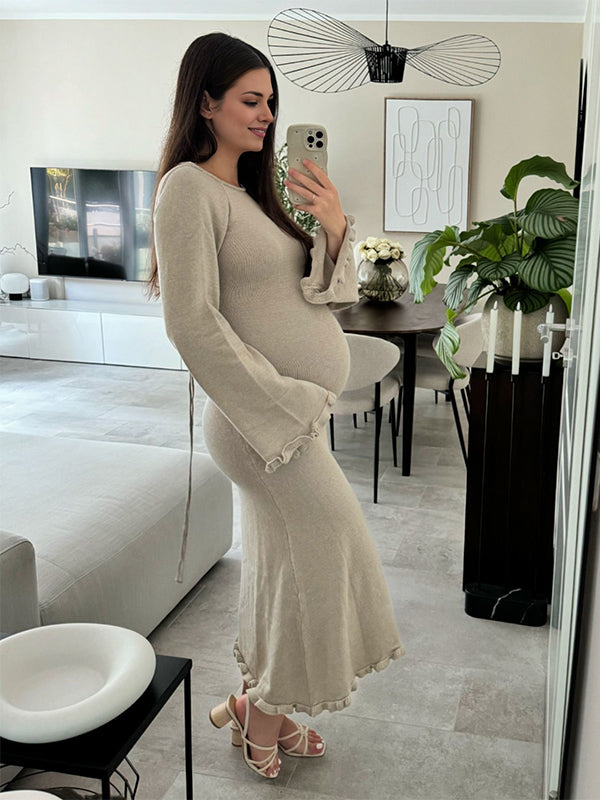Momnfancy Ruffle Backless Tie Flare Sleeve Mermaid Bodycon Elegant Photoshoot Maternity Maxi Sweater Dress
