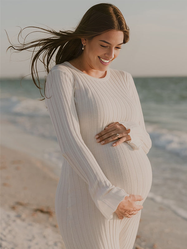 Momnfancy Solid Color Sashes Knit Lace-up High Waist Going Out Plus Size Photoshoot Maternity Sweater Maxi Dress