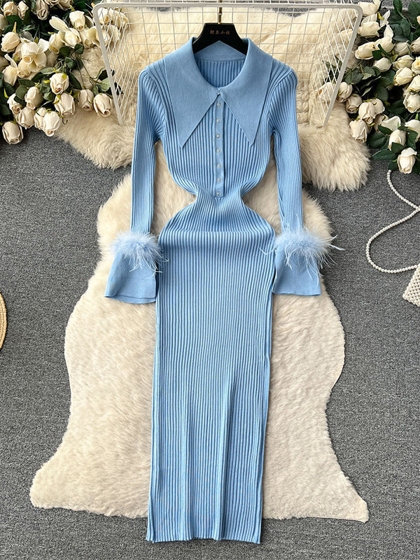 Momnfancy Feather Slit Flare Sleeve Turndown Collar Bodycon Photoshoot Baby Shower Maternity Maxi Sweater Dress