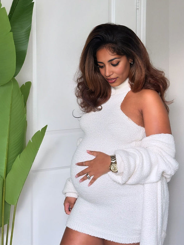 Momnfancy Two Piece Set High Neck Bodycon Fashion Daily Baby Shower Maternity Mini Sweater Dress