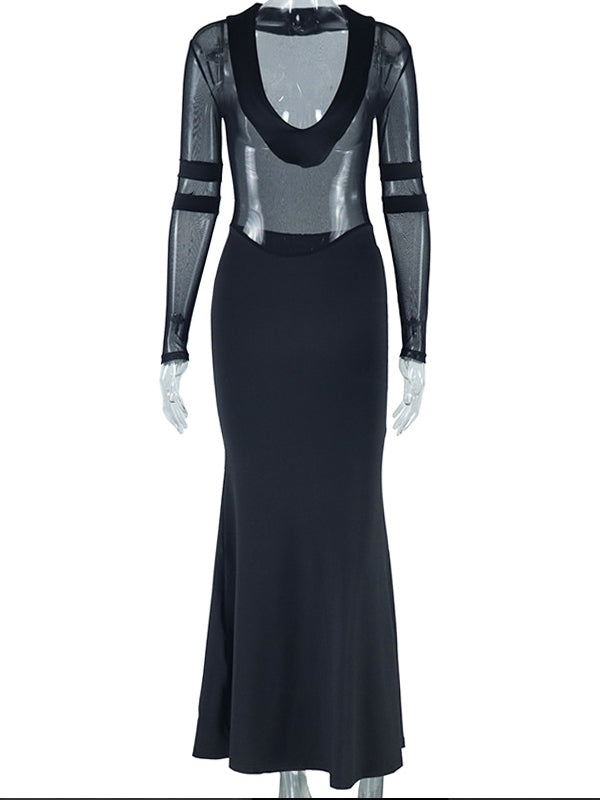 Momnfancy Black Mesh Patchwork Sheer Maternity Photoshoot Maxi Dress