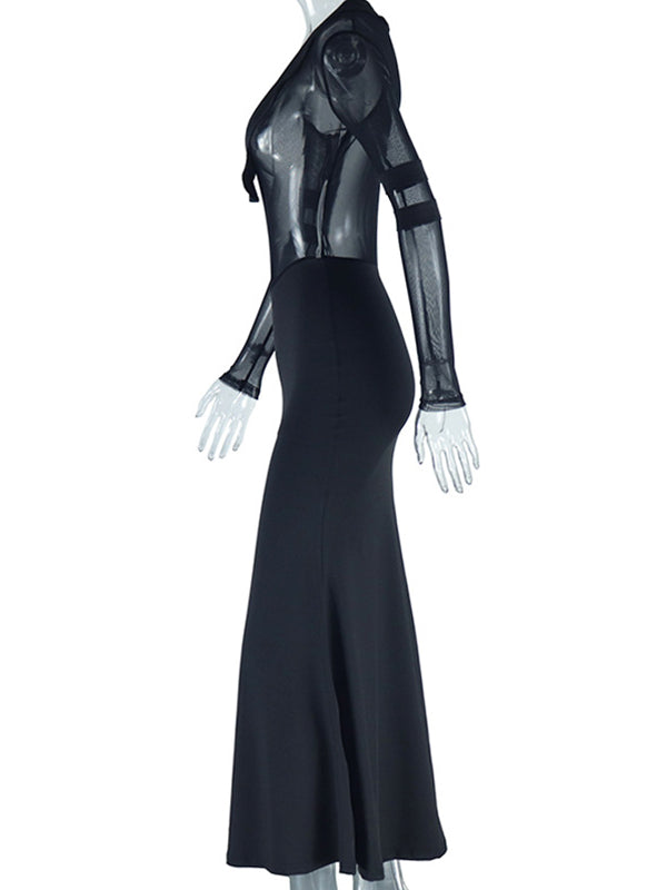 Momnfancy Black Mesh Patchwork Sheer Maternity Photoshoot Maxi Dress