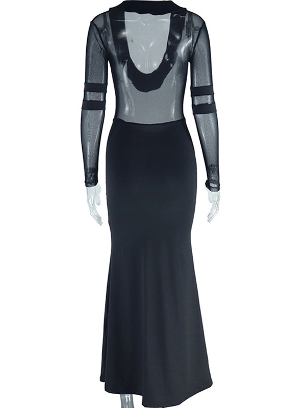 Momnfancy Black Mesh Patchwork Sheer Maternity Photoshoot Maxi Dress
