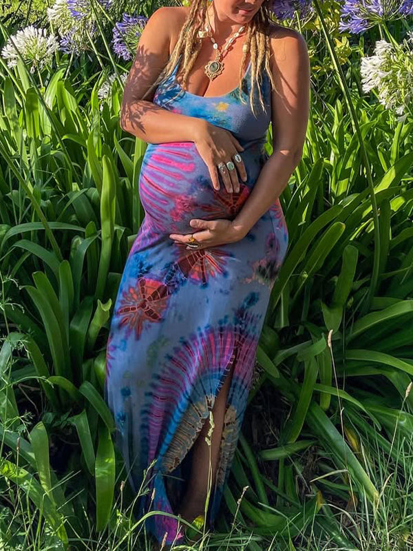 Momnfancy Royal blue Print Spaghetti Straps Slit Tie Back Elegant Maternity Photoshoot Baby Shower Maxi Dress