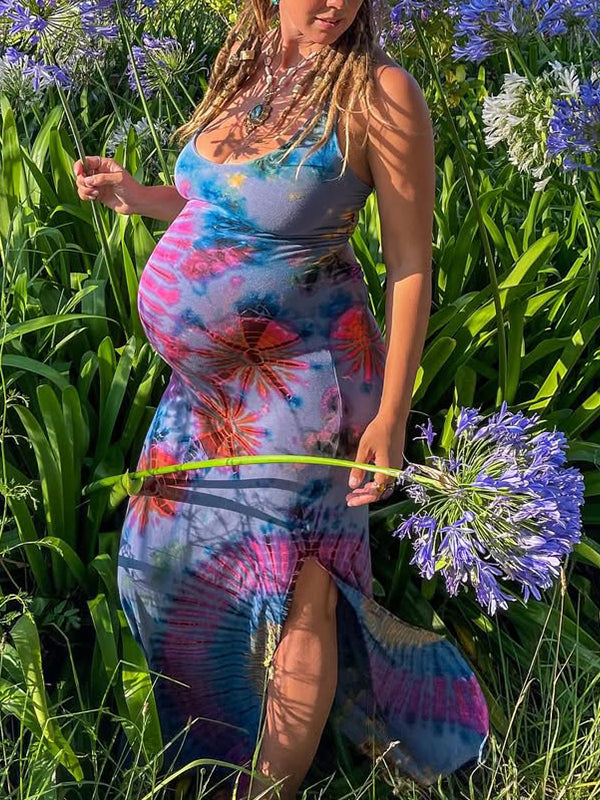 Momnfancy Royal blue Print Spaghetti Straps Slit Tie Back Elegant Maternity Photoshoot Baby Shower Maxi Dress