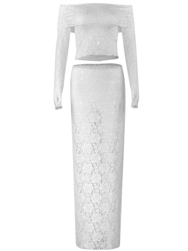 Momnfancy White Lace Off Shoulder Two Pieces Photoshoot Maternity Maxi Dress