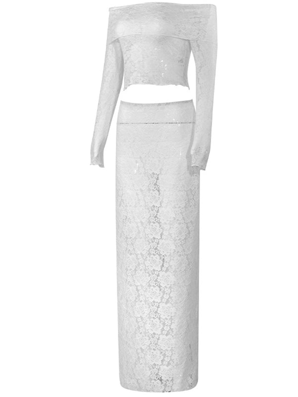 Momnfancy White Lace Off Shoulder Two Pieces Photoshoot Maternity Maxi Dress