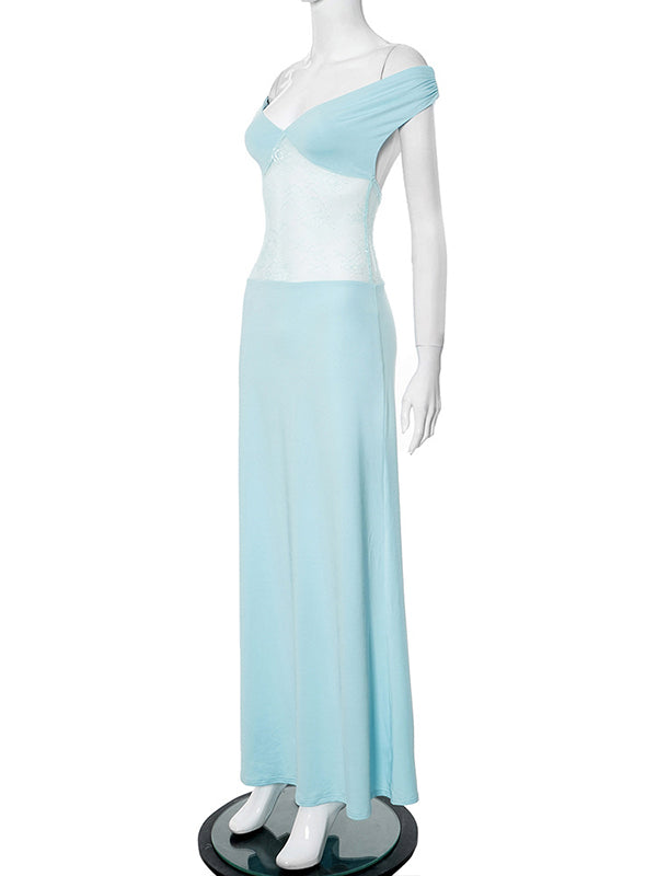 Momnfancy Blue Lace Off Shoulder Elegant Maternity Baby Shower Maxi Dress
