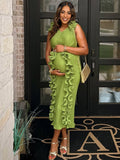 Momnfancy Elegant  Ruffles Pleats Maternity Maxi Dress