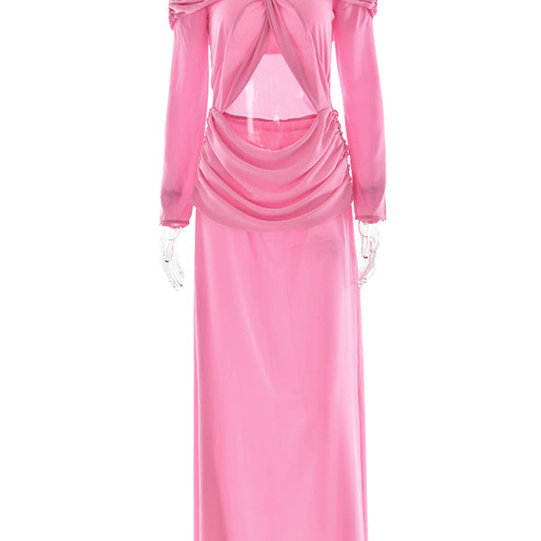 Momnfancy Chiffon Off Shoulder Crop Cut Out Ruched Chic Sheer Bodycon Party Baby Shower Long Sleeve Maternity Maxi Dress