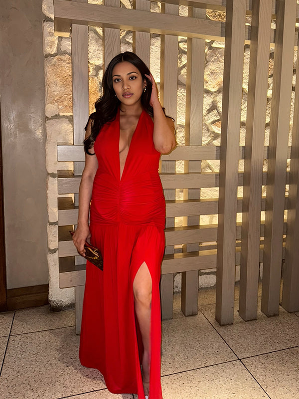 Momnfancy Red Halter Neck Slit Ruched Maternity Photoshoot Maxi Dress