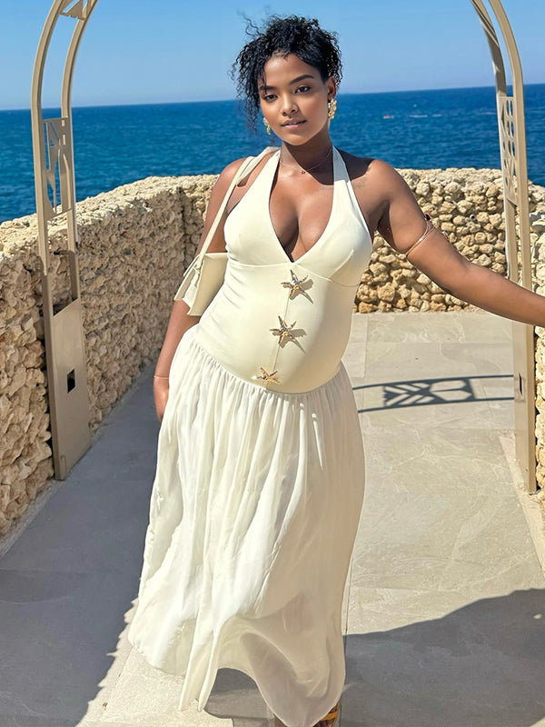Momnfancy White Starfish Hardware Big Swing Halter Neck Maternity Maxi Dress