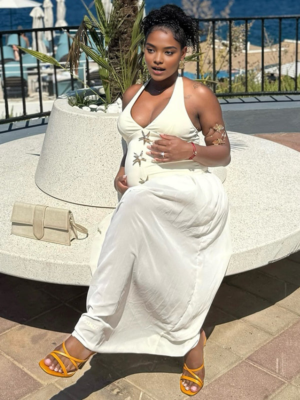 Momnfancy White Starfish Hardware Big Swing Halter Neck Maternity Maxi Dress