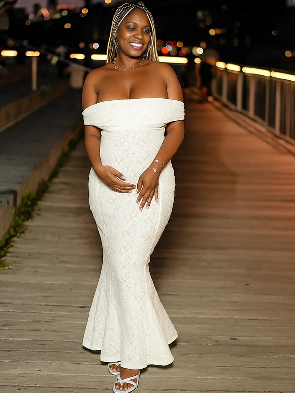 Momnfancy Lace Off Shoulder Ruched Backless Bodycon Maternity Maxi Dress
