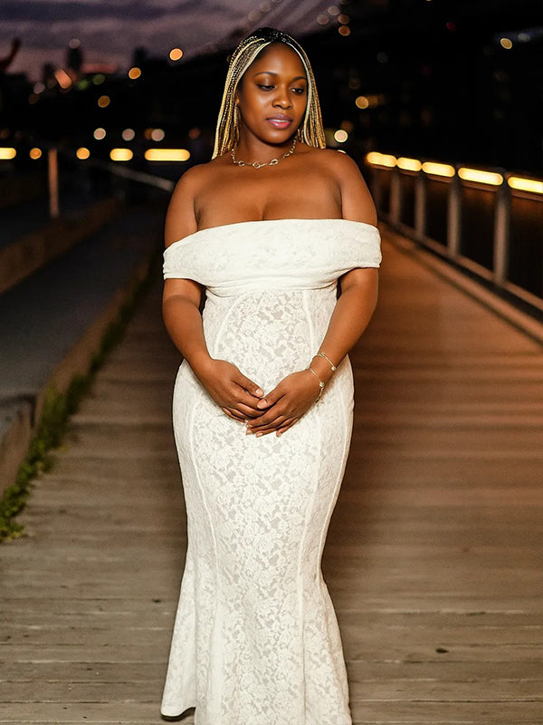 Momnfancy Lace Off Shoulder Ruched Backless Bodycon Maternity Maxi Dress