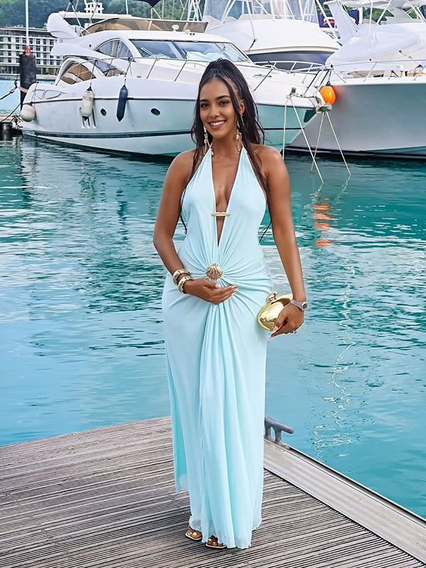 Momnfancy Light Blue Halter Neck Ruched Lace-up Backless Bodycon Maternity Photoshoot Maxi Dress