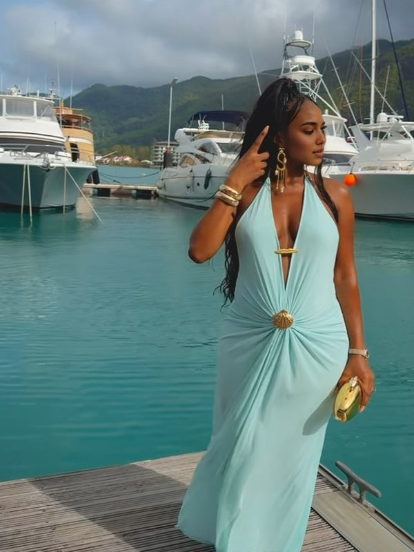 Momnfancy Light Blue Halter Neck Ruched Lace-up Backless Bodycon Maternity Photoshoot Maxi Dress