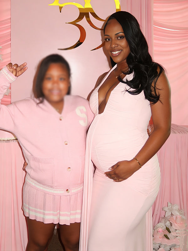 Momnfancy Pink Halter Neck Ruched Ribbon Backless Bodycon Maternity Baby Shower Maxi Dress