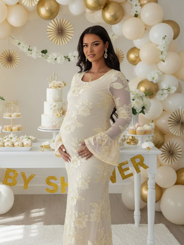 Momnfancy Mesh Solid Color Embroidery Floral Ruffle Flare Sleeve Bodycon Maternity Maxi Dress