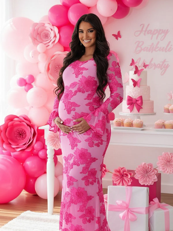 Momnfancy Mesh Solid Color Embroidery Floral Ruffle Flare Sleeve Bodycon Maternity Maxi Dress