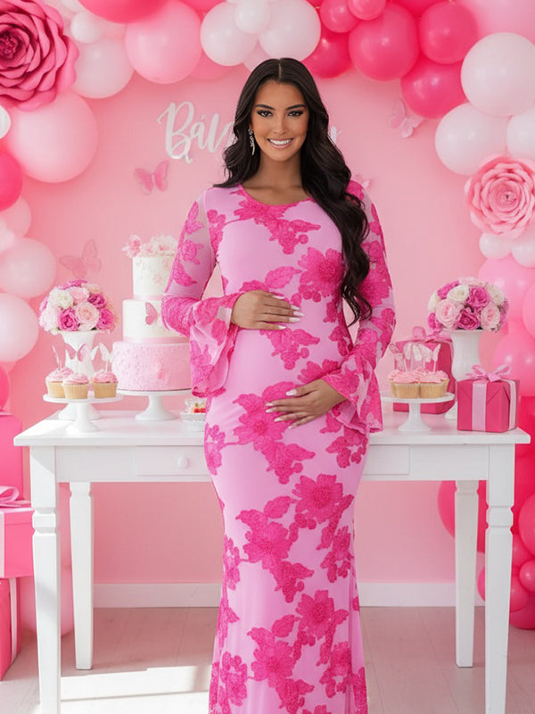 Momnfancy Mesh Solid Color Embroidery Floral Ruffle Flare Sleeve Bodycon Maternity Maxi Dress