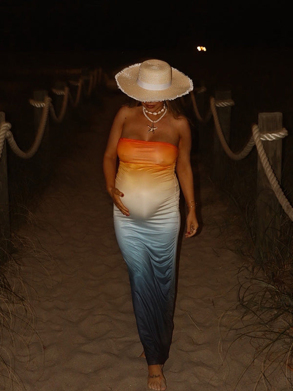 Momnfancy Orange Gradient Color Bandeau Back Slit Maternity Maxi Dress