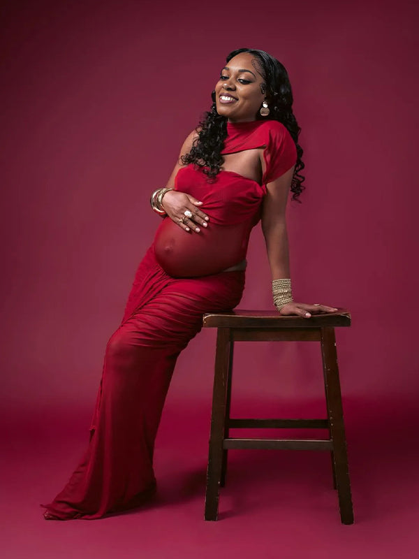 Momnfancy Mesh Red Cut Out Ruched Draped Grenadine Sheer Bodycon Photoshoot Maternity Maxi Dress