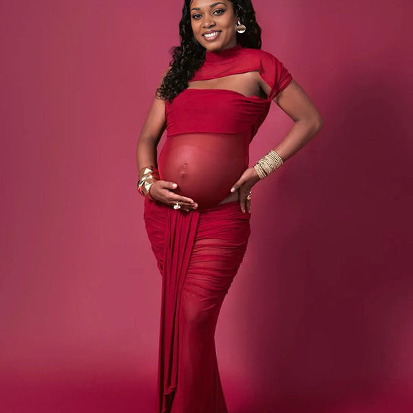 Momnfancy Mesh Red Cut Out Ruched Draped Grenadine Sheer Bodycon Photoshoot Maternity Maxi Dress